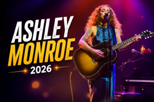 Ashley Monroe performing live on stage with an acoustic guitar during a concert in 2026.