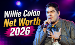 Willie Colon Net Worth 2026" displayed, featuring the legendary salsa musician in a professional concert setting.